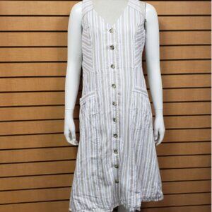Pure Navy Striped V-Neck Sleeveless Dress Size Medium White And Tan Pockets